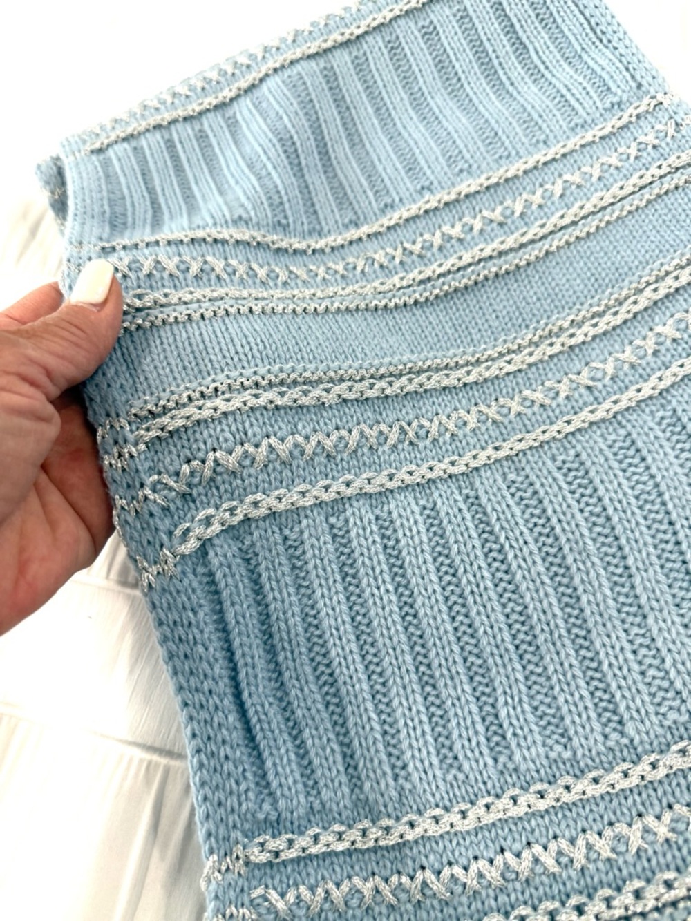 Light Blue Infinity Scarf With Beautiful Silver Stitching